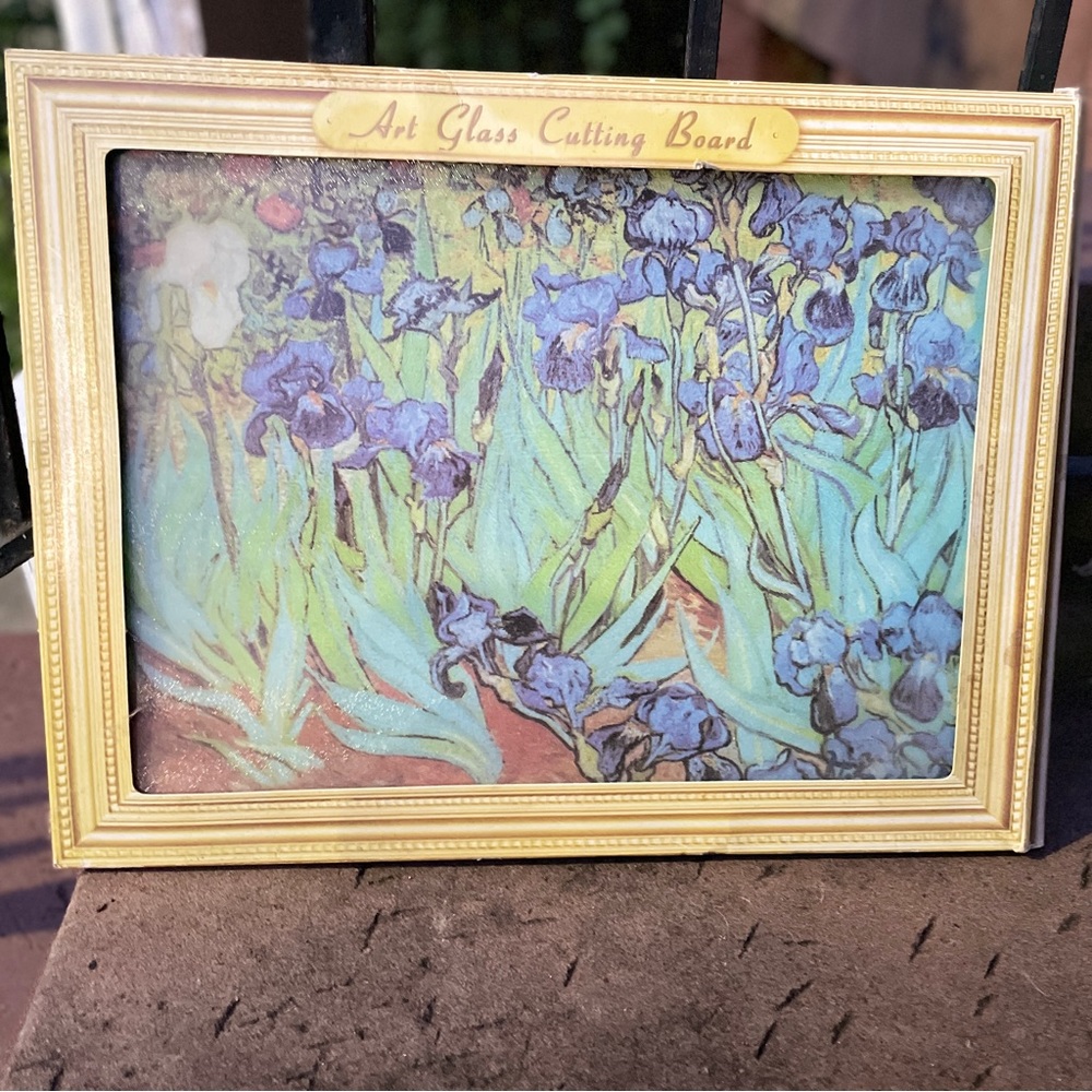Vintage glass cutting board w/Van Gough floral print in original box